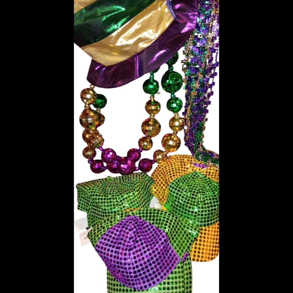 Festive Mardi Gras 10 Sequin Hats, 2 Masks, Huge Beads Party Pack All Included!!